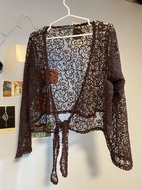 Addition Elle Brown Crochet Tie-Front Shrug